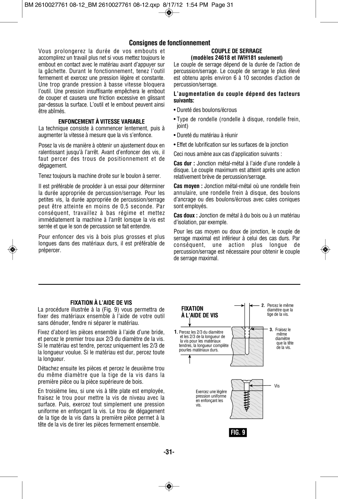 Bosch Power Tools 24618-01, CLPK224-181 Consignes de fonctionnement, Enfoncement À Vitesse Variable, Couple DE Serrage 