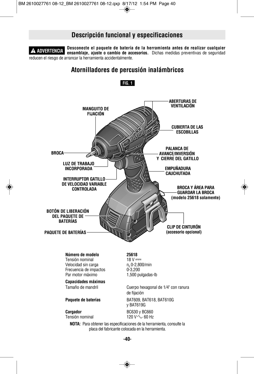 Bosch Power Tools CLPK221-181, 25618-01 Descripción funcional y especificaciones, Atornilladores de percusión inalámbricos 