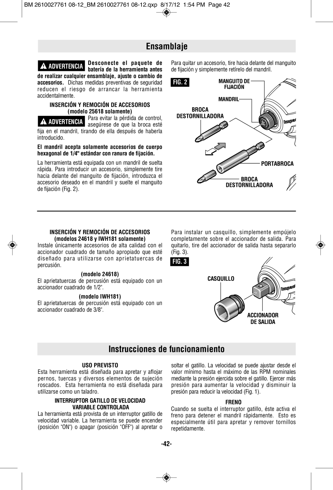 Bosch Power Tools 24618-01, CLPK224-181, 25618-01, 25618BL, 25618-02, CLPK222-181 Ensamblaje, Instrucciones de funcionamiento 