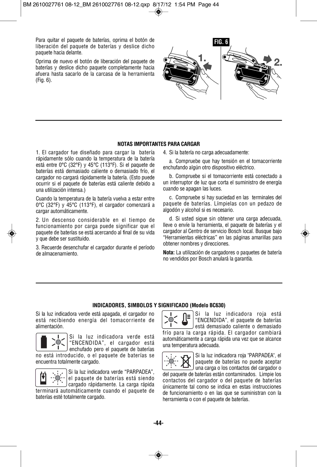 Bosch Power Tools CLPK224-181, 25618-01 Notas Importantes Para Cargar, INDICADORES, Simbolos Y Significado Modelo BC630 