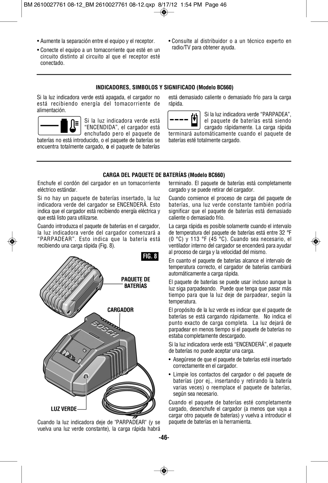 Bosch Power Tools 25618BL INDICADORES, Simbolos Y Significado Modelo BC660, Carga DEL Paquete DE Baterías Modelo BC660 