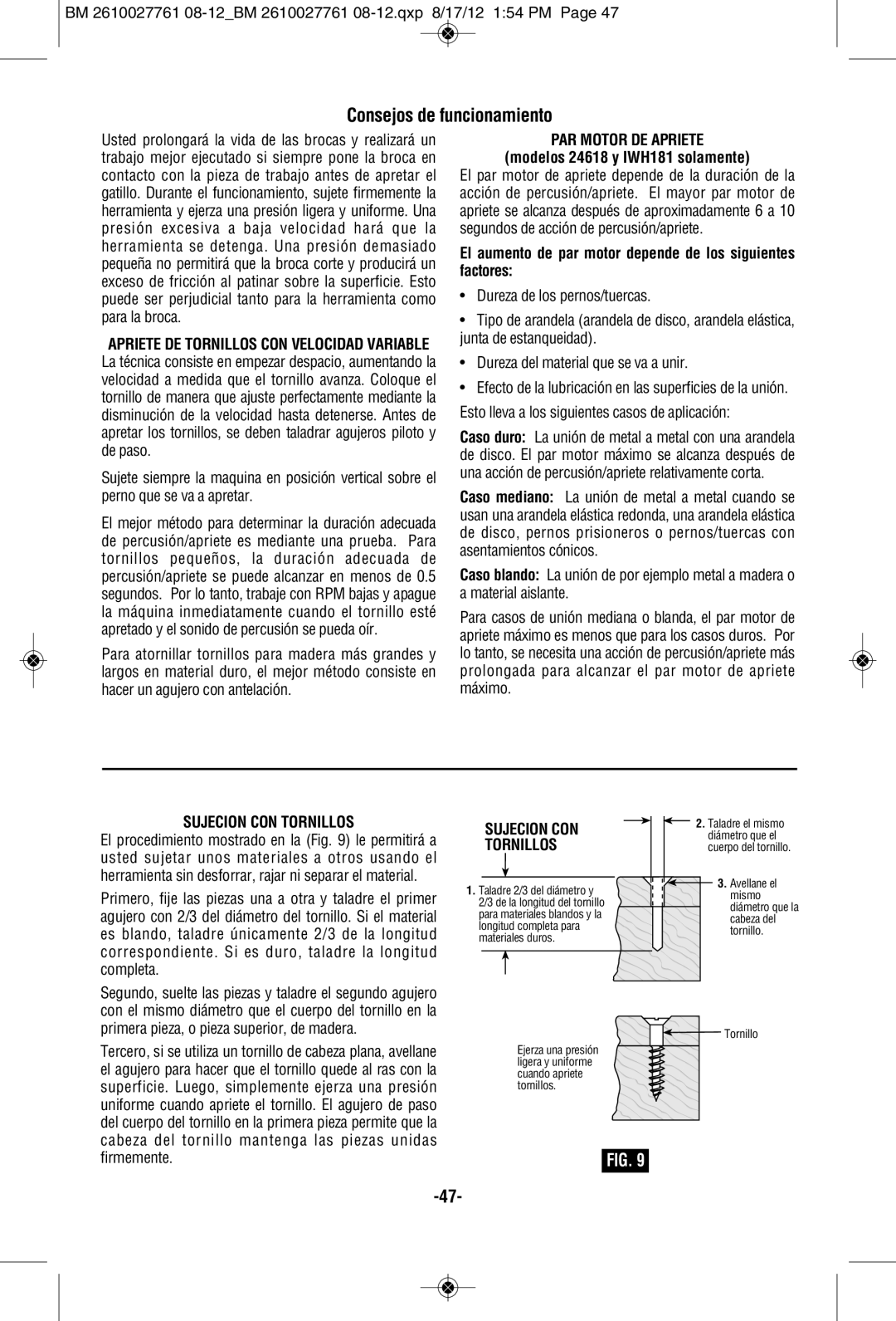 Bosch Power Tools 25618B, CLPK224-181 Consejos de funcionamiento, PAR Motor DE Apriete, Modelos 24618 y IWH181 solamente 