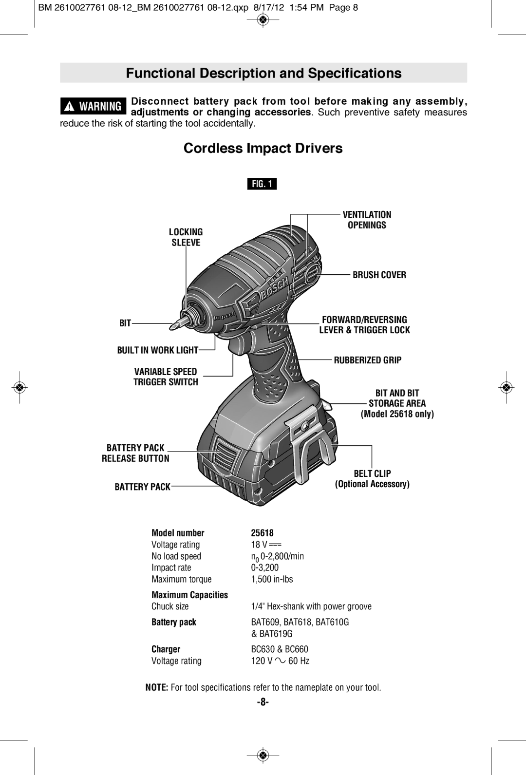 Bosch Power Tools 24618BN, CLPK224-181 manual Functional Description and Specifications, Cordless Impact Drivers, Belt Clip 