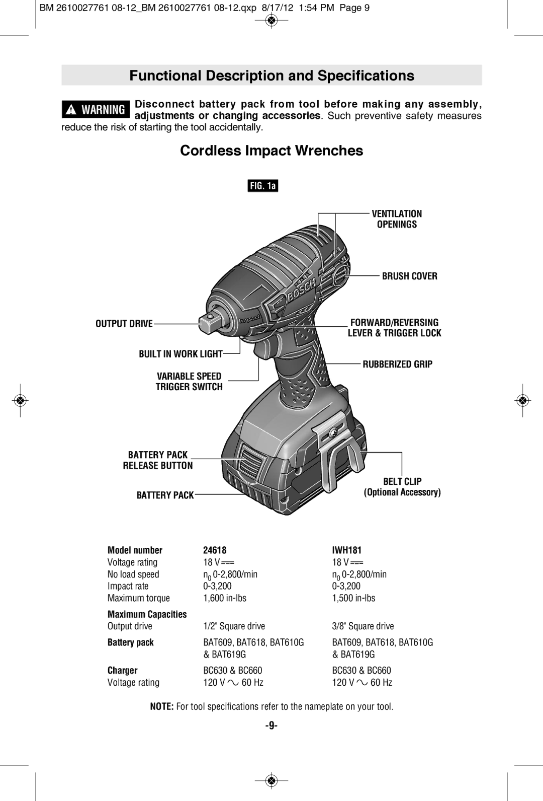 Bosch Power Tools 24618-01, 25618-01 Cordless Impact Wrenches, Variable Speed Trigger Switch Battery Pack Release Button 