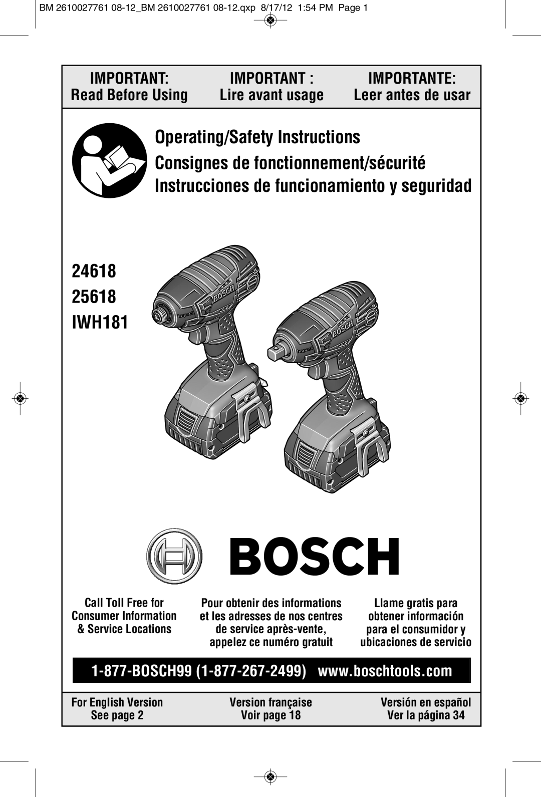 Bosch Power Tools 25618-01 manual Read Before Using, Leer antes de usar, Ver la página, 24618 25618 IWH181, Importante 