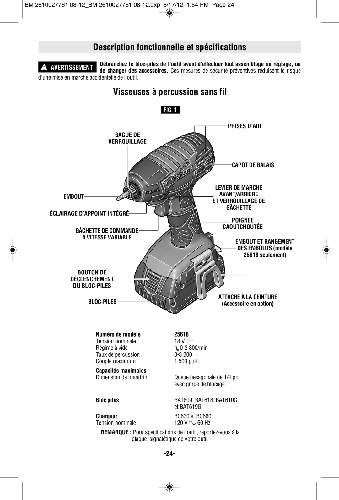 Bosch Power Tools 25618BL manual Description fonctionnelle et spécifications, Visseuses à percussion sans fil, Prises Dair 
