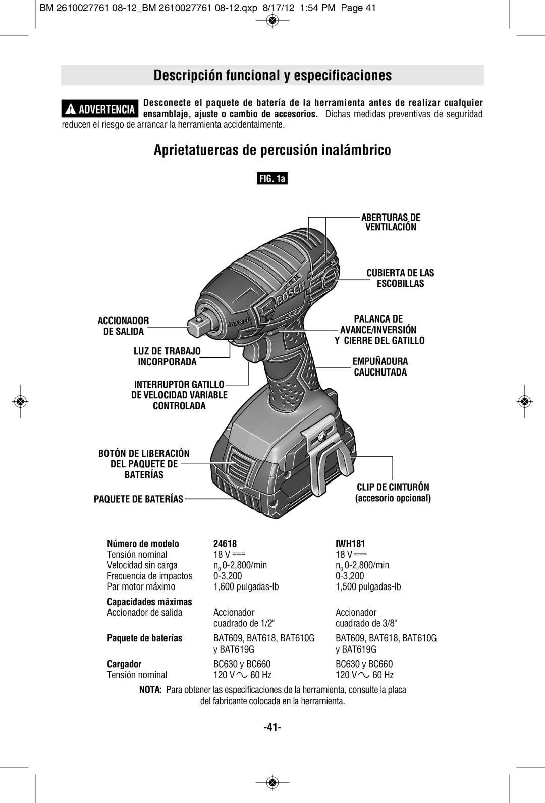 Bosch Power Tools 24618BN manual Aprietatuercas de percusión inalámbrico, Accionador, De Salida, Aberturas De, Ventilación 