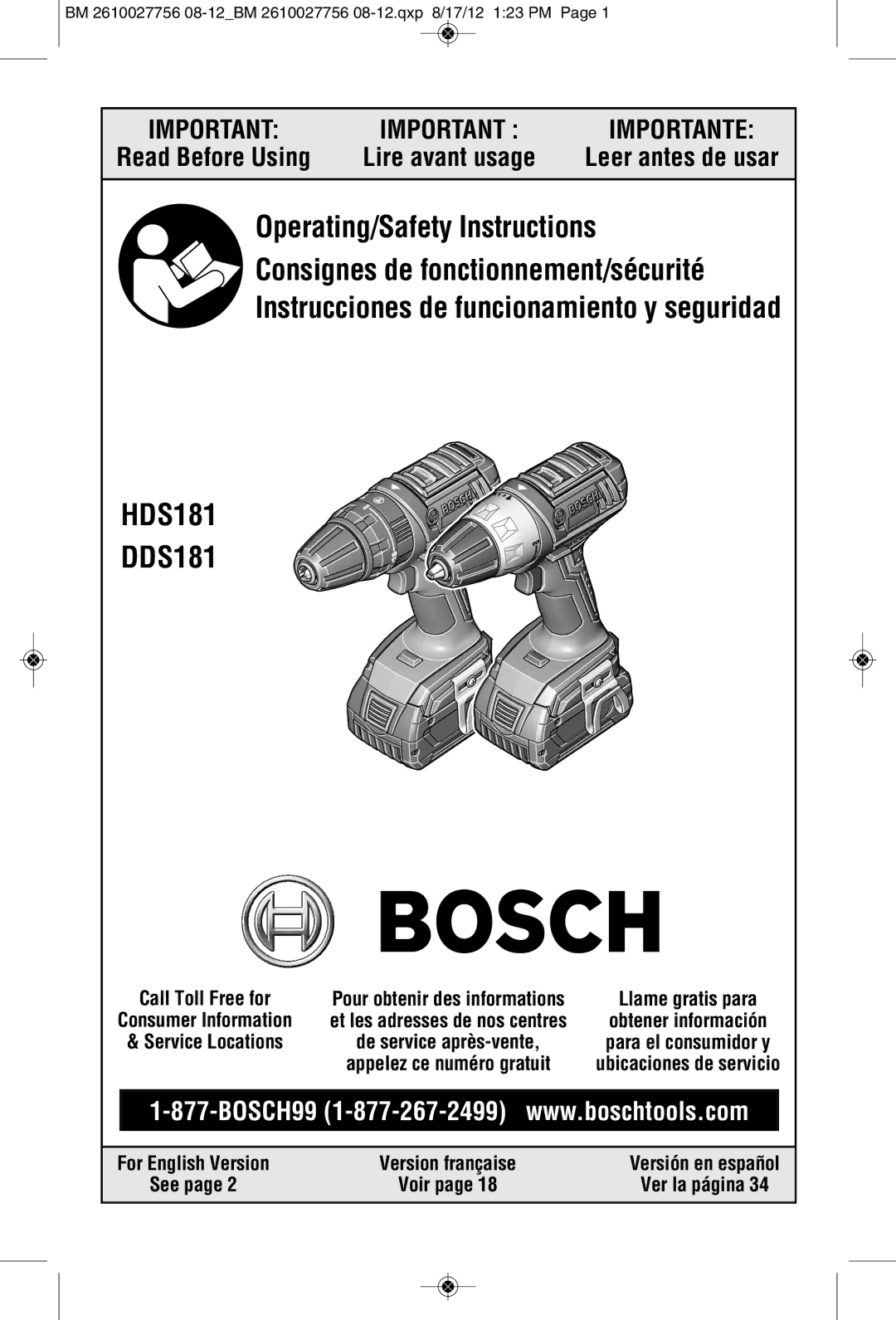 Bosch Power Tools CLPK232-181, CLPK232-180 manual Leer antes de usar, Call Toll Free for, See Voir Ver la página 