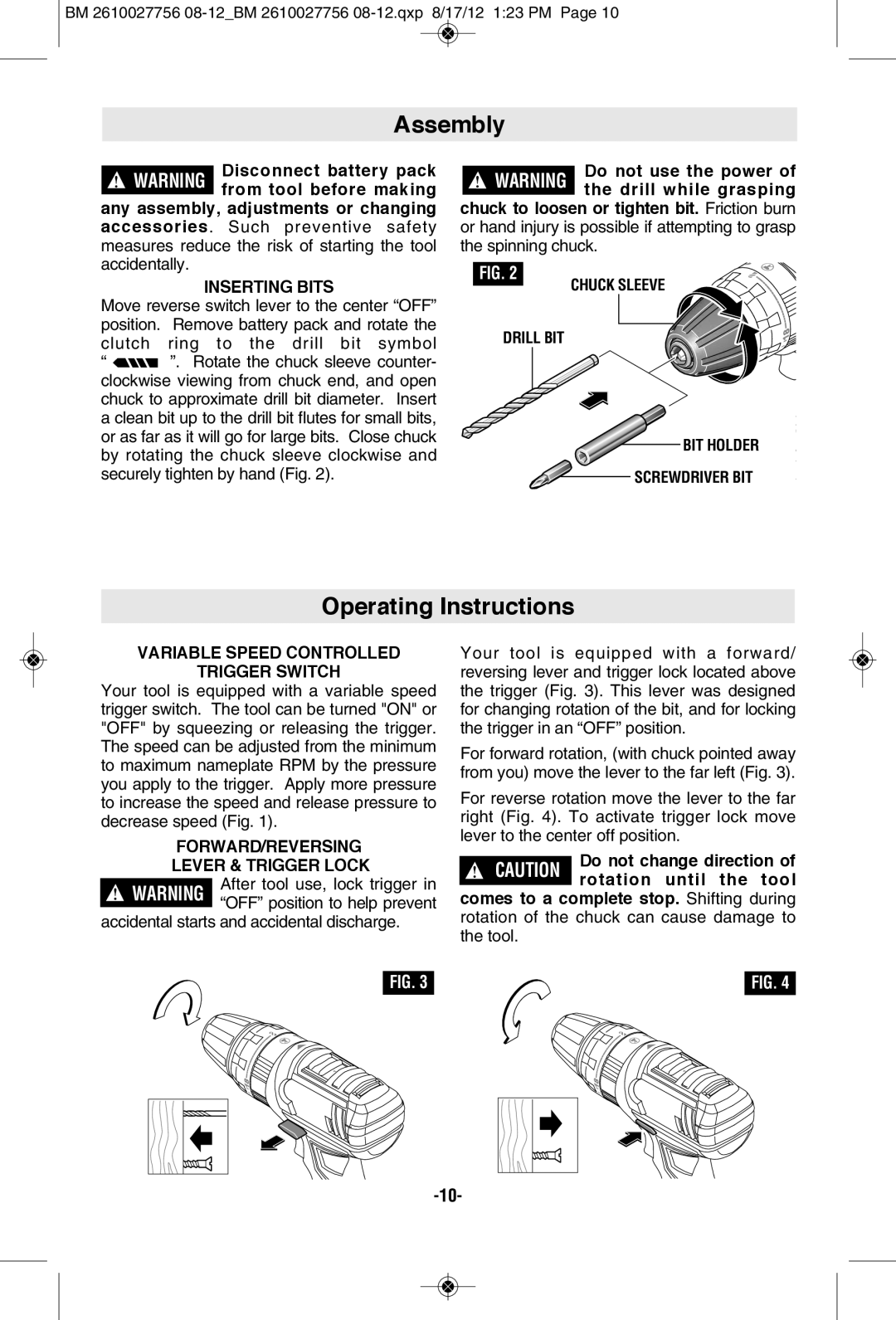 Bosch Power Tools CLPK232-180, CLPK232-181, CLPK234-181L, CLPK233-181L, CLPK237-181 manual Assembly, Operating Instructions 