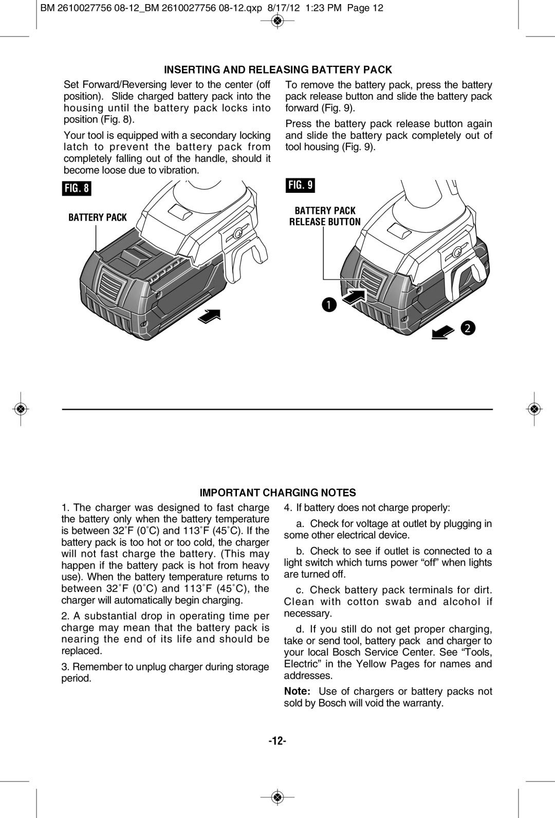 Bosch Power Tools CLPK234-181L, CLPK232-180, CLPK232-181 Inserting and Releasing BATTERy Pack, Important Charging Notes 