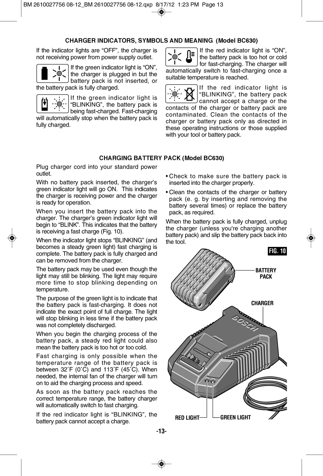 Bosch Power Tools CLPK233-181L Charger INDICATORS, SyMBOLS and Meaning Model BC630, Charging BATTERy Pack Model BC630 