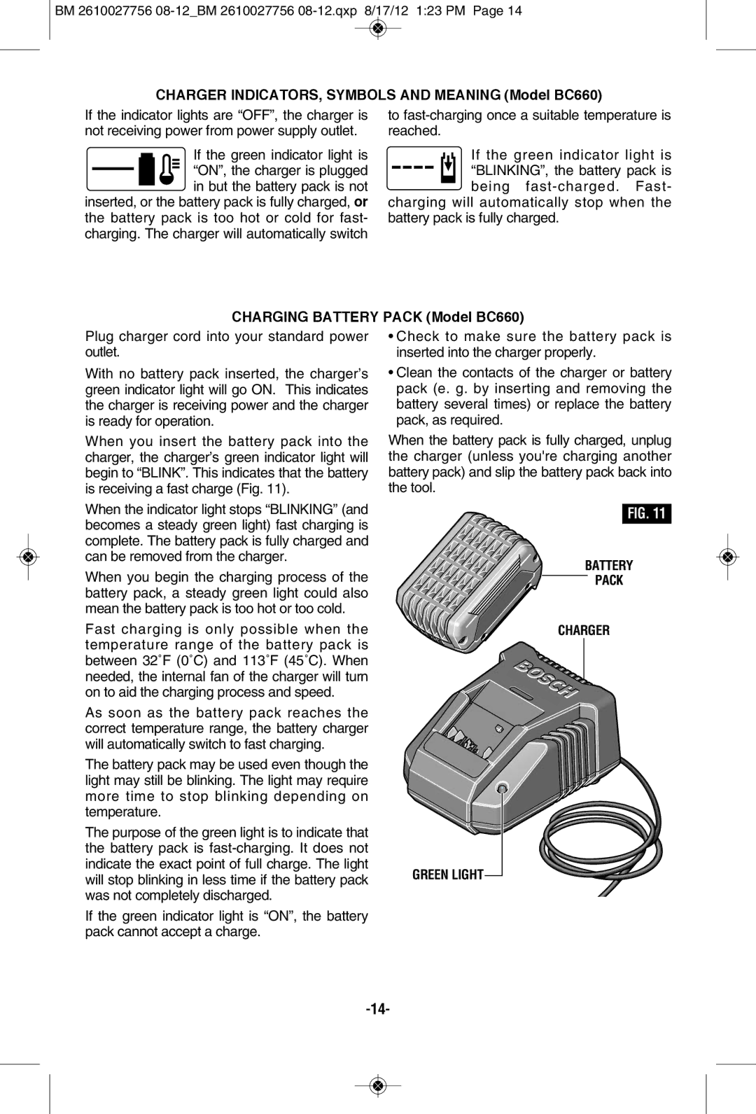 Bosch Power Tools CLPK237-181 manual Charger INDICATORS, SyMBOLS and Meaning Model BC660, Charging BATTERy Pack Model BC660 