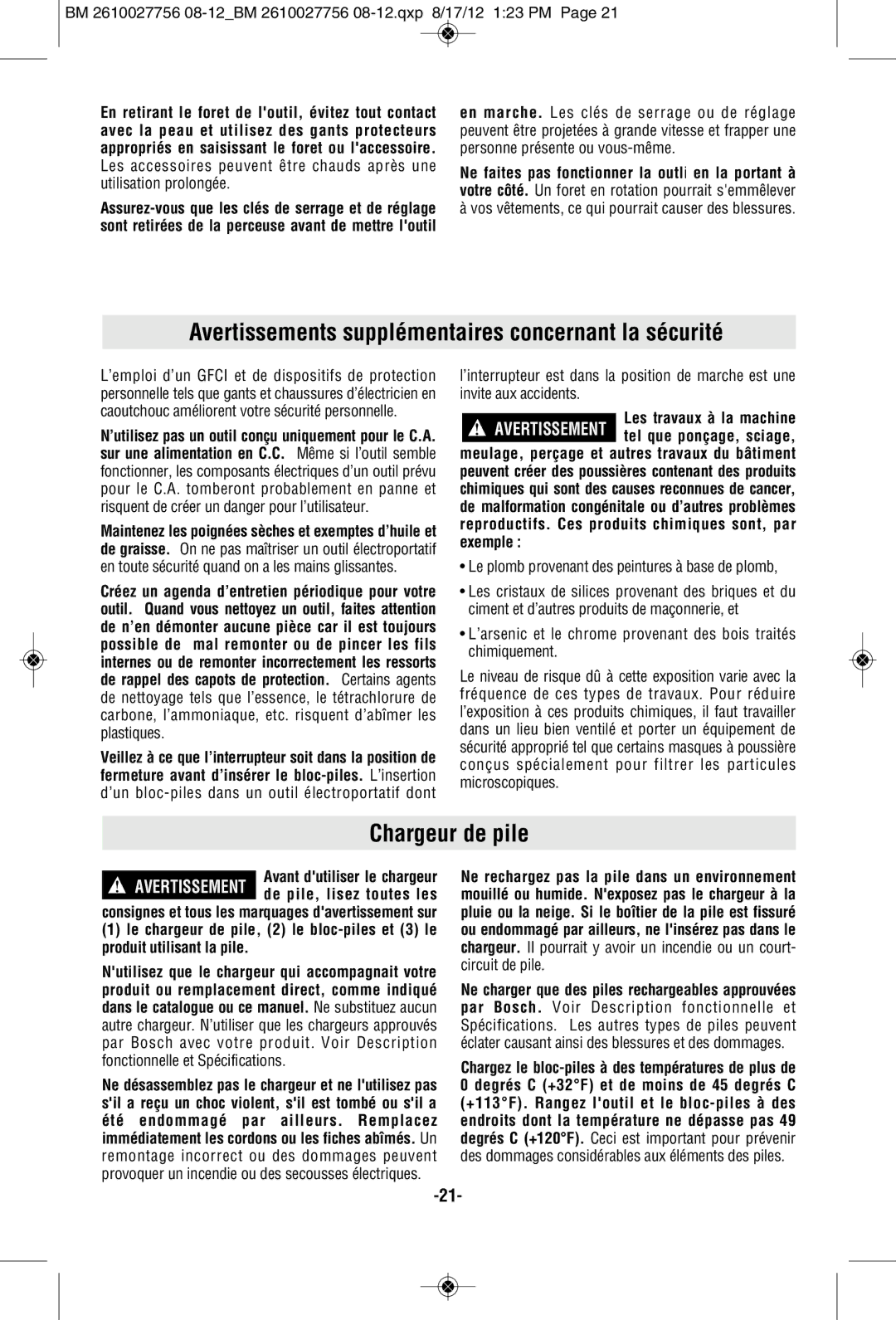 Bosch Power Tools CLPK232-181, CLPK232-180 manual Avertissements supplémentaires concernant la sécurité, Chargeur de pile 