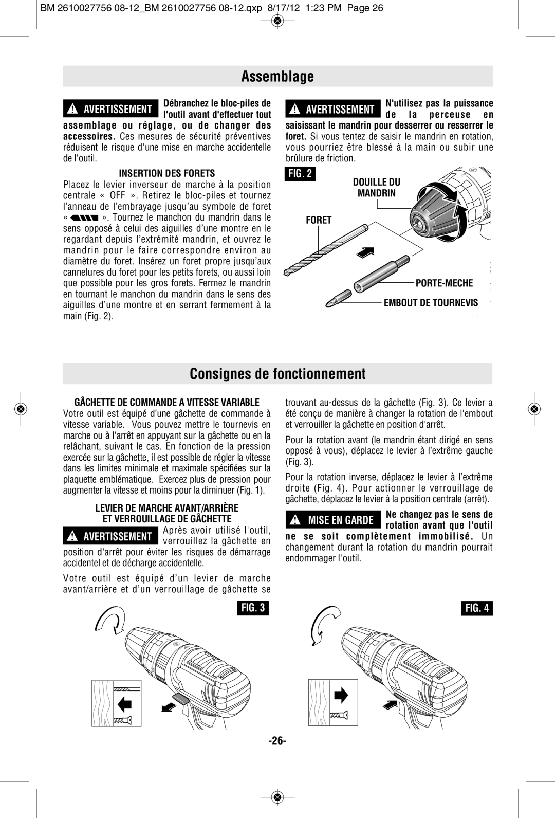 Bosch Power Tools CLPK232-181, CLPK232-180, CLPK234-181L manual Assemblage, Consignes de fonctionnement, Insertion DES Forets 