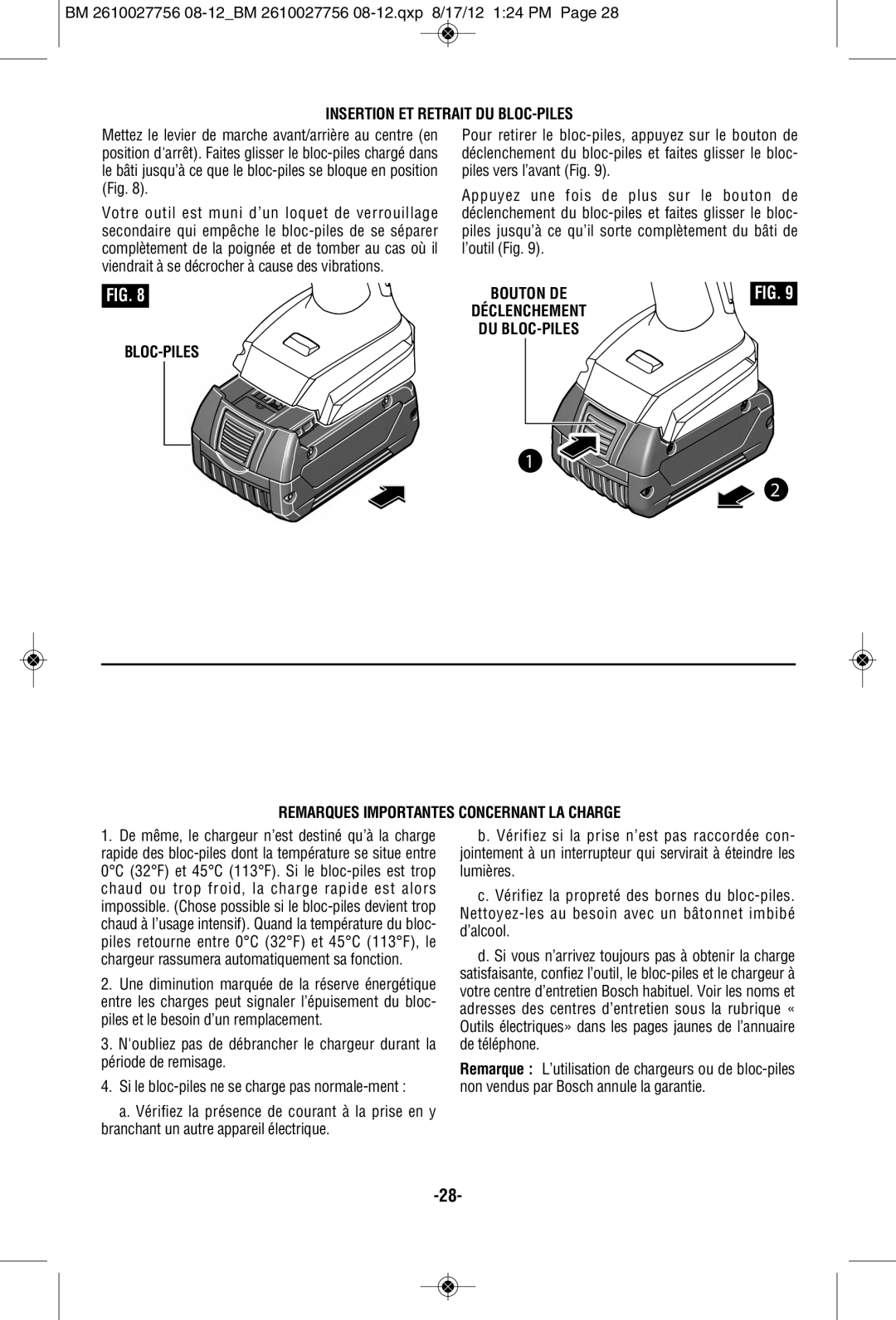 Bosch Power Tools CLPK233-181L, CLPK232-180 Insertion ET Retrait DU BLOC-PILES, Remarques Importantes Concernant LA Charge 