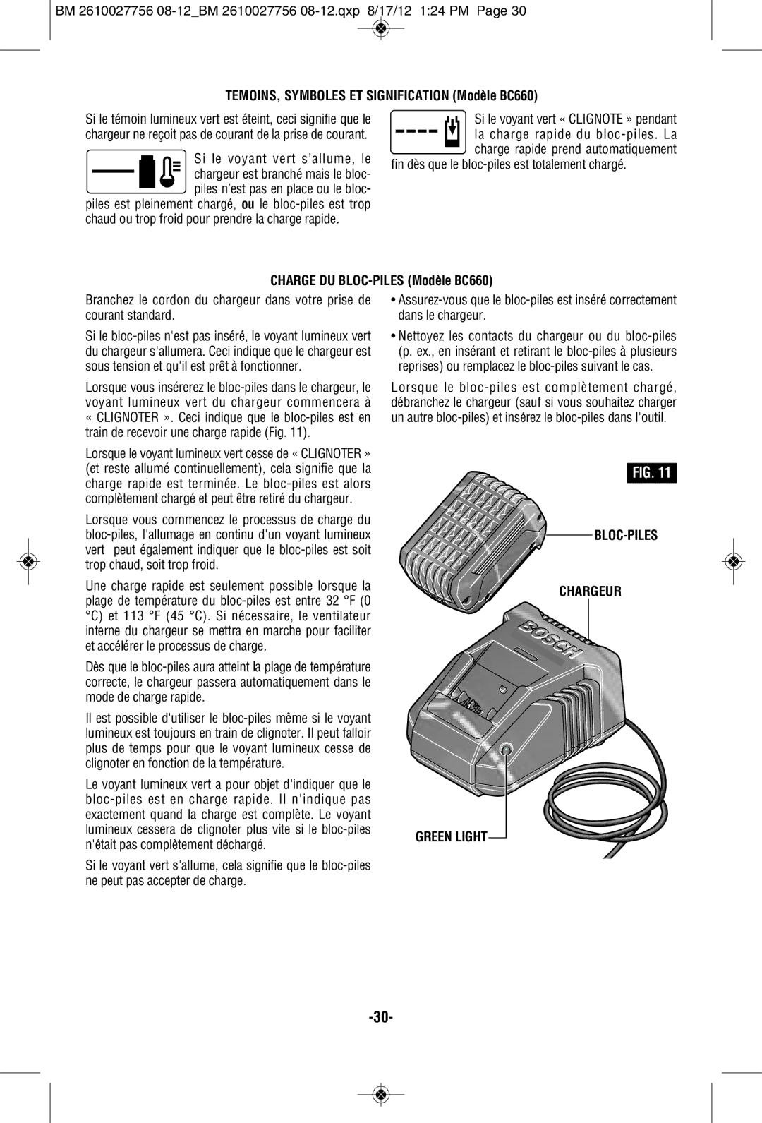 Bosch Power Tools CLPK232-180 manual TEMOINS, Symboles ET Signification Modèle BC660, Charge DU BLOC-PILES Modèle BC660 