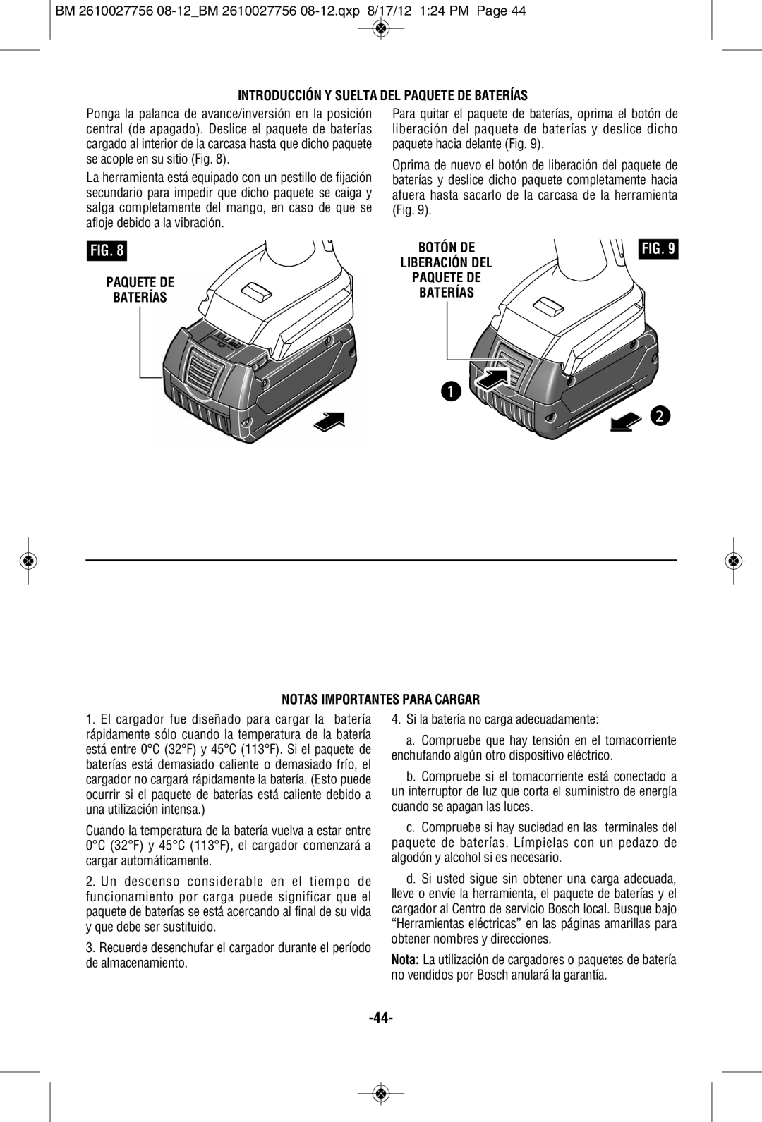 Bosch Power Tools CLPK237-181, CLPK232-180 Introducción Y Suelta DEL Paquete DE Baterías, Notas Importantes Para Cargar 