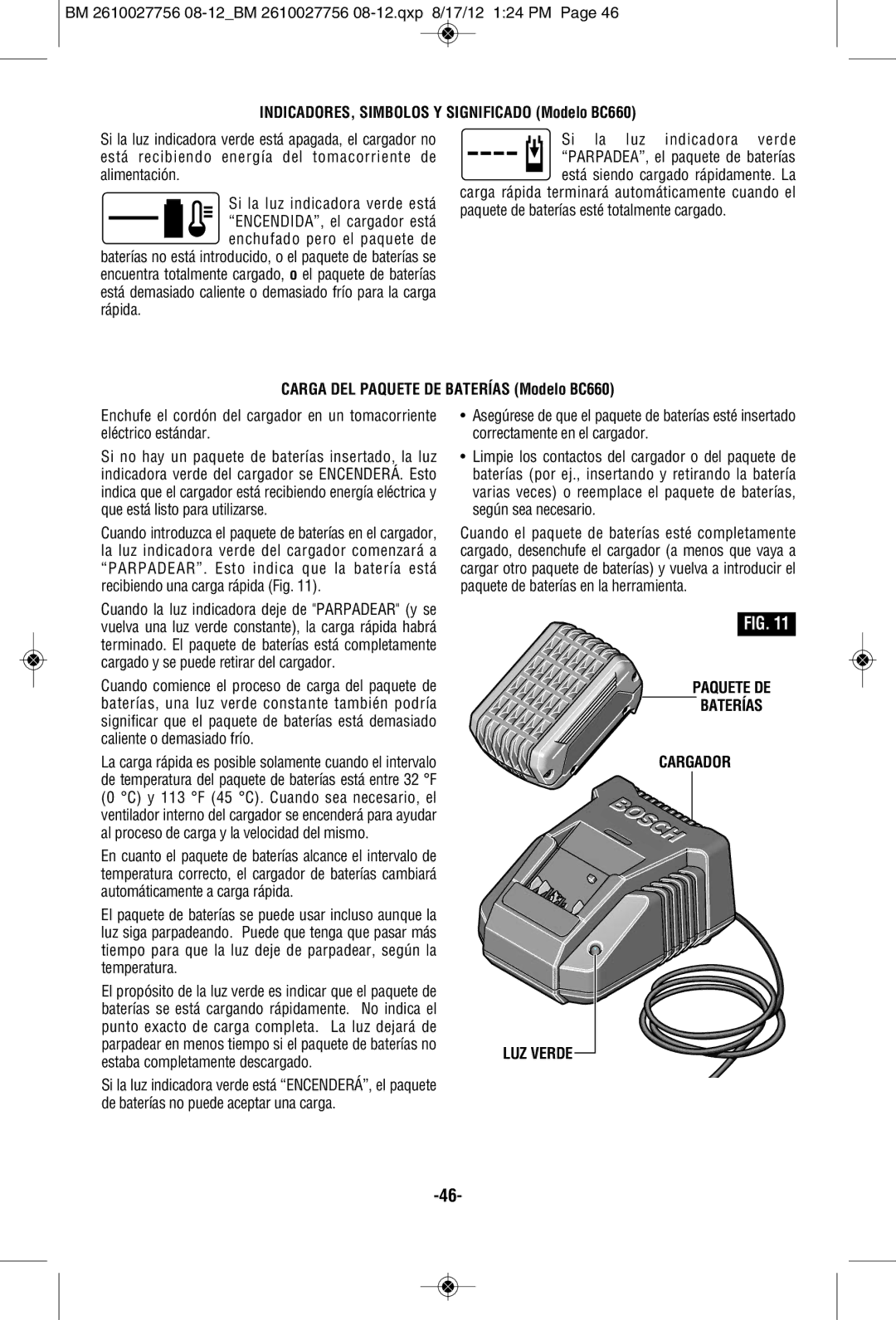 Bosch Power Tools CLPK232-181 INDICADORES, Simbolos Y Significado Modelo BC660, Carga DEL Paquete DE Baterías Modelo BC660 