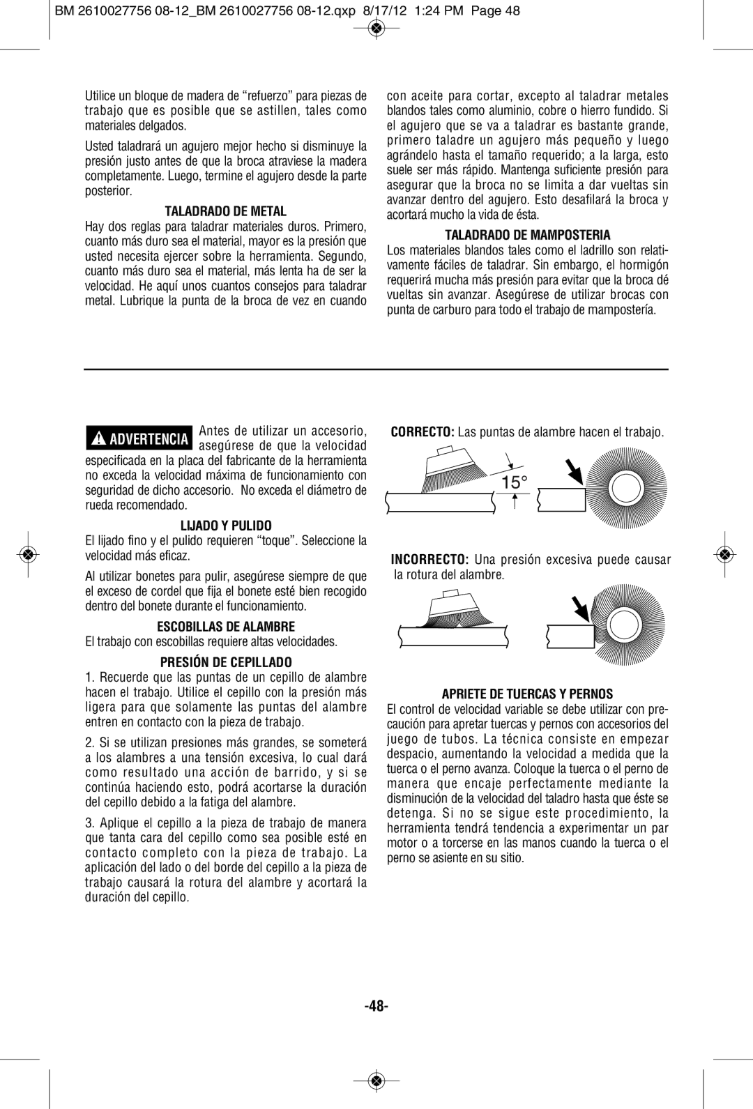 Bosch Power Tools CLPK233-181L manual Taladrado DE Metal, Taladrado DE Mamposteria, Lijado Y Pulido, Escobillas DE Alambre 