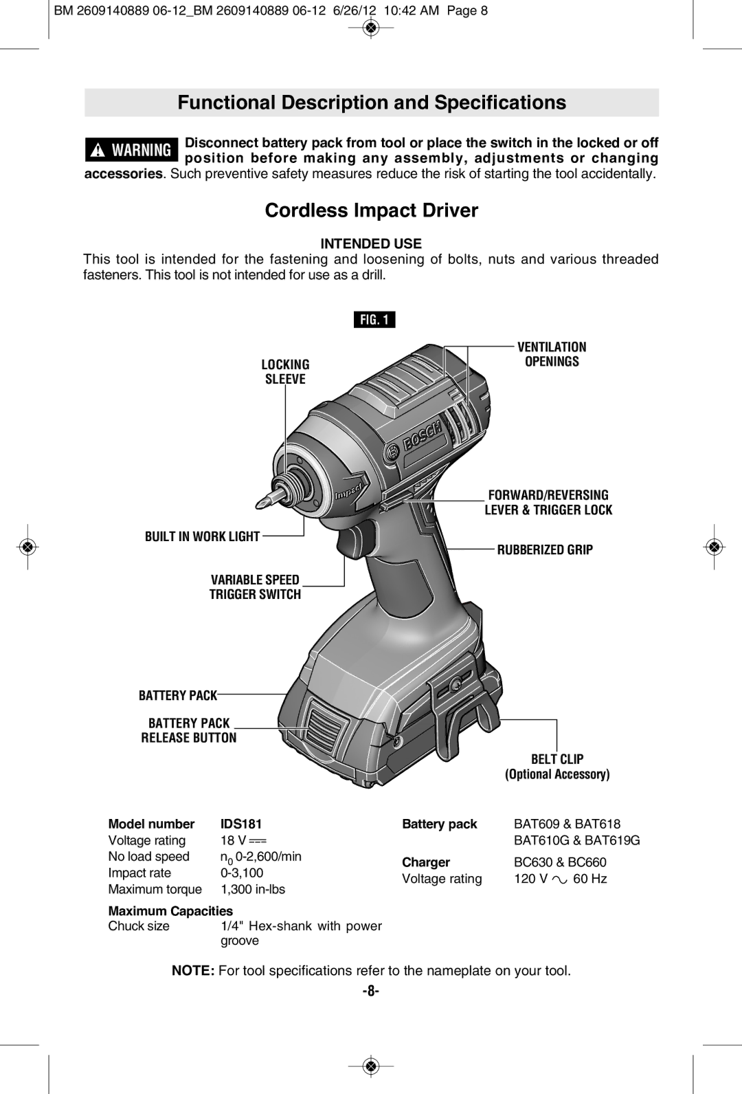 Bosch Power Tools CLPK234-181, CLPK25-180 Functional Description and Specifications, Cordless Impact Driver, Intended USE 