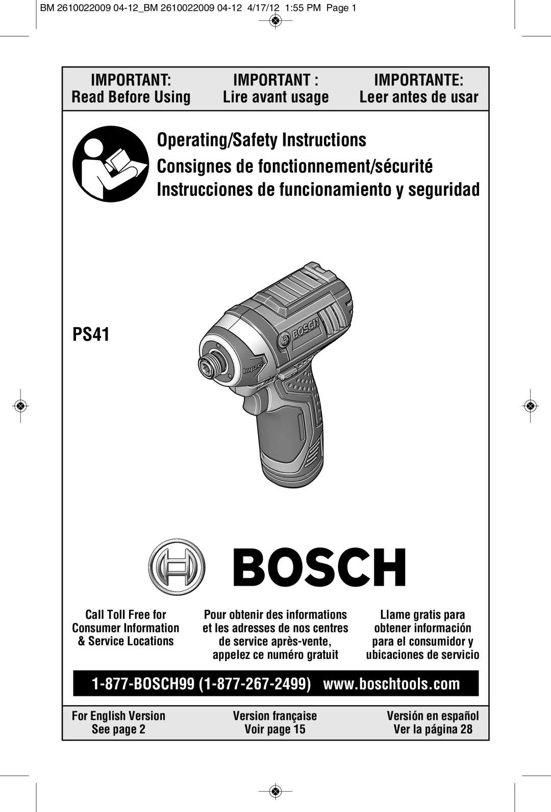 Bosch Power Tools CLPK28-120, CLPK27-120, PS41B, PS41-2A manual Read Before Using, Leer antes de usar, See, Ver la página 