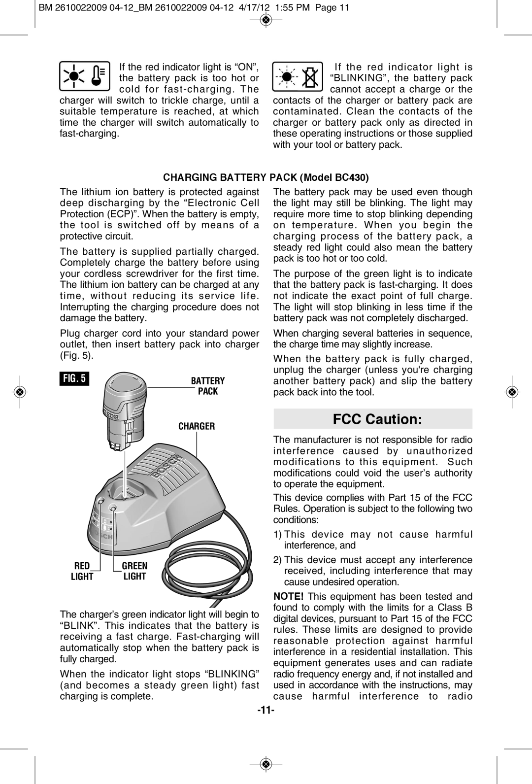 Bosch Power Tools CLPK28-120, CLPK27-120, PS41-2A, PS41BN manual FCC Caution, Charging Battery Pack Model BC430 