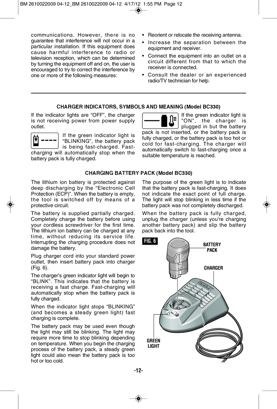 Bosch Power Tools PS41B, CLPK27-120 Charger INDICATORS, Symbols and Meaning Model BC330, Charging Battery Pack Model BC330 