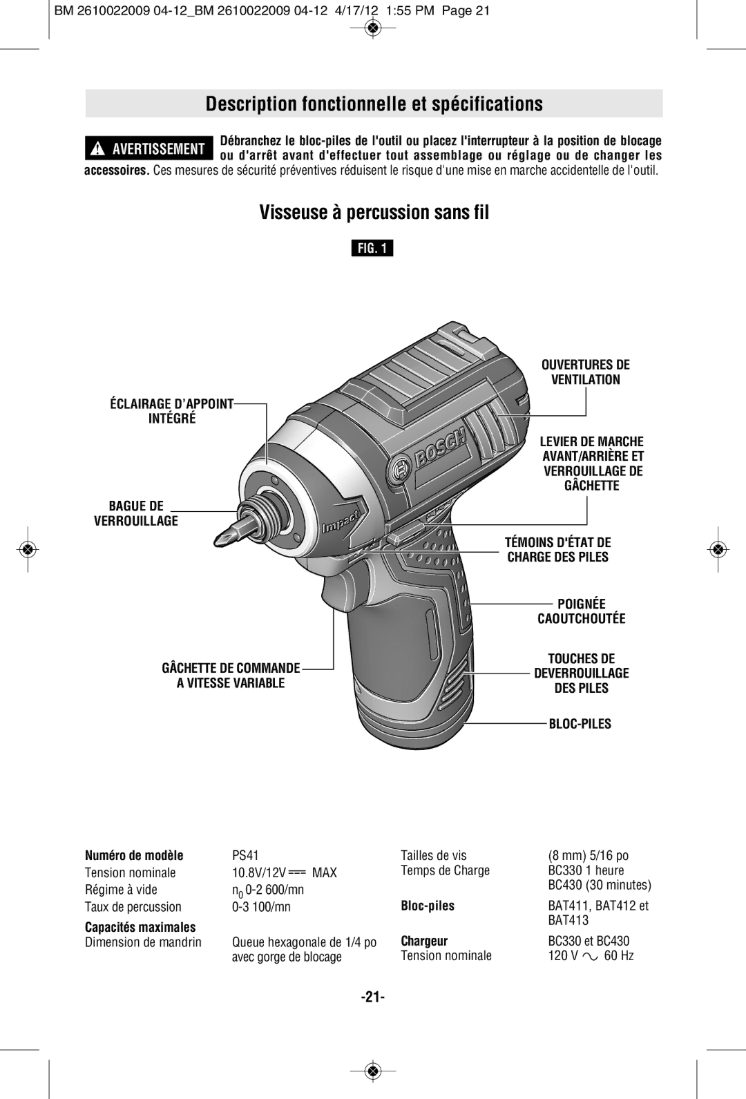 Bosch Power Tools CLPK28-120, CLPK27-120, PS41B Description fonctionnelle et spécifications, Visseuse à percussion sans fil 