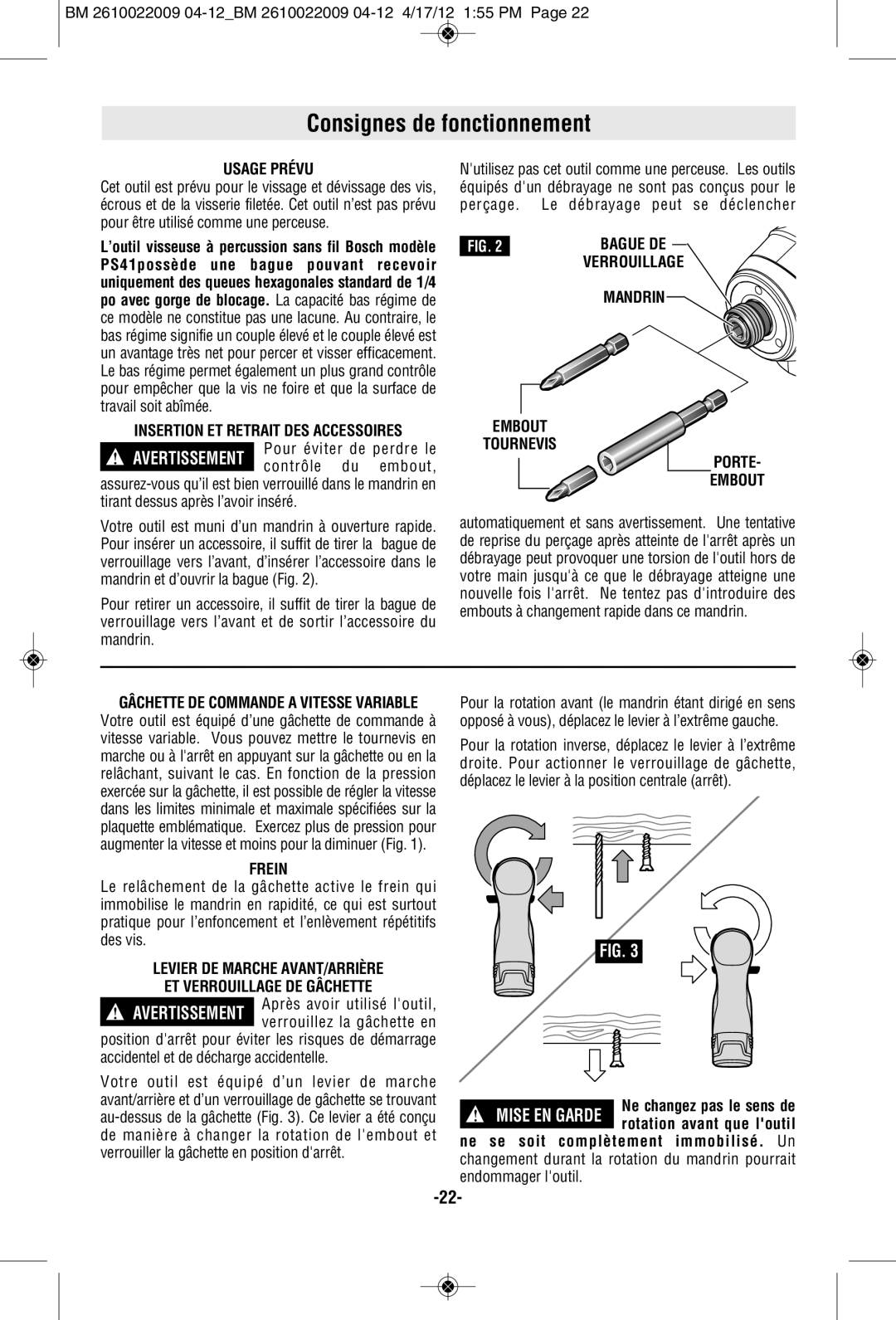 Bosch Power Tools PS41B, CLPK27-120, CLPK28-120, PS41-2A manual Consignes de fonctionnement, Usage Prévu, Porte Embout, Frein 