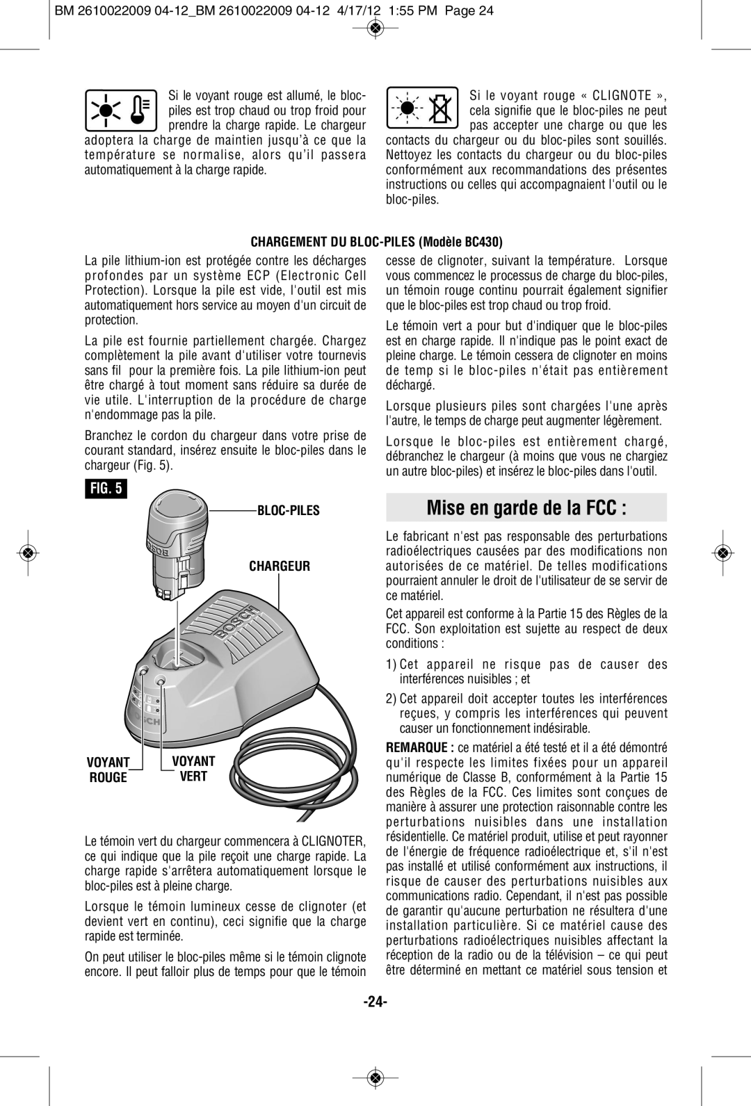 Bosch Power Tools PS41BN manual Mise en garde de la FCC, Chargement DU BLOC-PILES Modèle BC430, BLOC-PILES Chargeur, Vert 