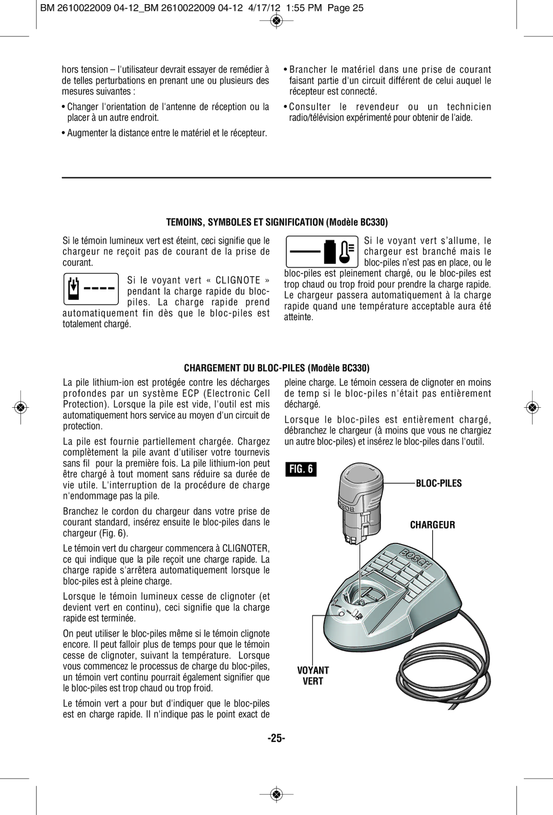 Bosch Power Tools CLPK27-120, PS41B TEMOINS, Symboles ET Signification Modèle BC330, Chargement DU BLOC-PILES Modèle BC330 