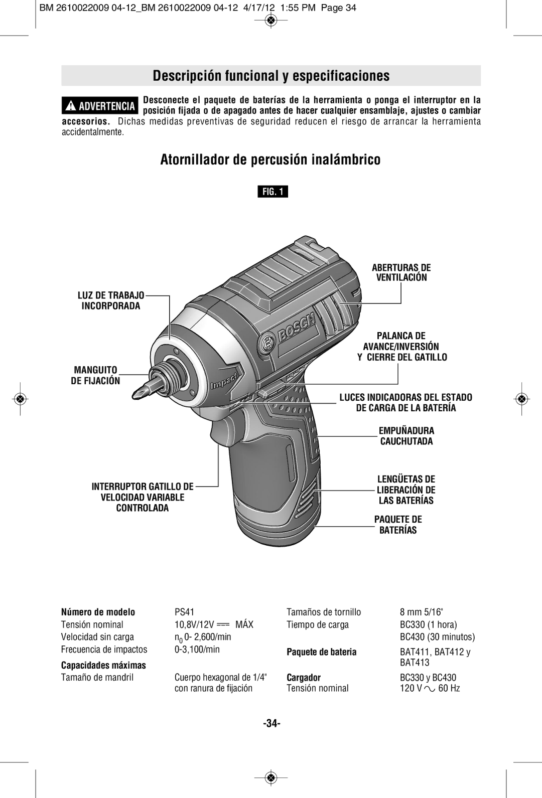 Bosch Power Tools PS41BN, CLPK27-120 manual Descripción funcional y especificaciones, Atornillador de percusión inalámbrico 