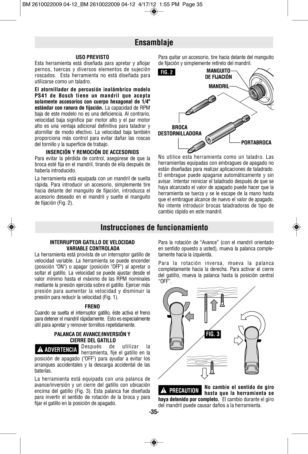 Bosch Power Tools CLPK27-120, CLPK28-120, PS41-2A, PS41BN manual Ensamblaje, Instrucciones de funcionamiento 