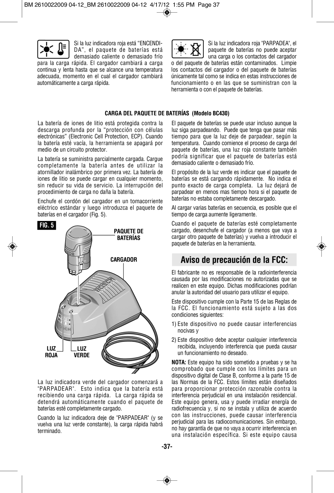 Bosch Power Tools PS41B, CLPK27-120, CLPK28-120 Aviso de precaución de la FCC, Carga DEL Paquete DE Baterías Modelo BC430 