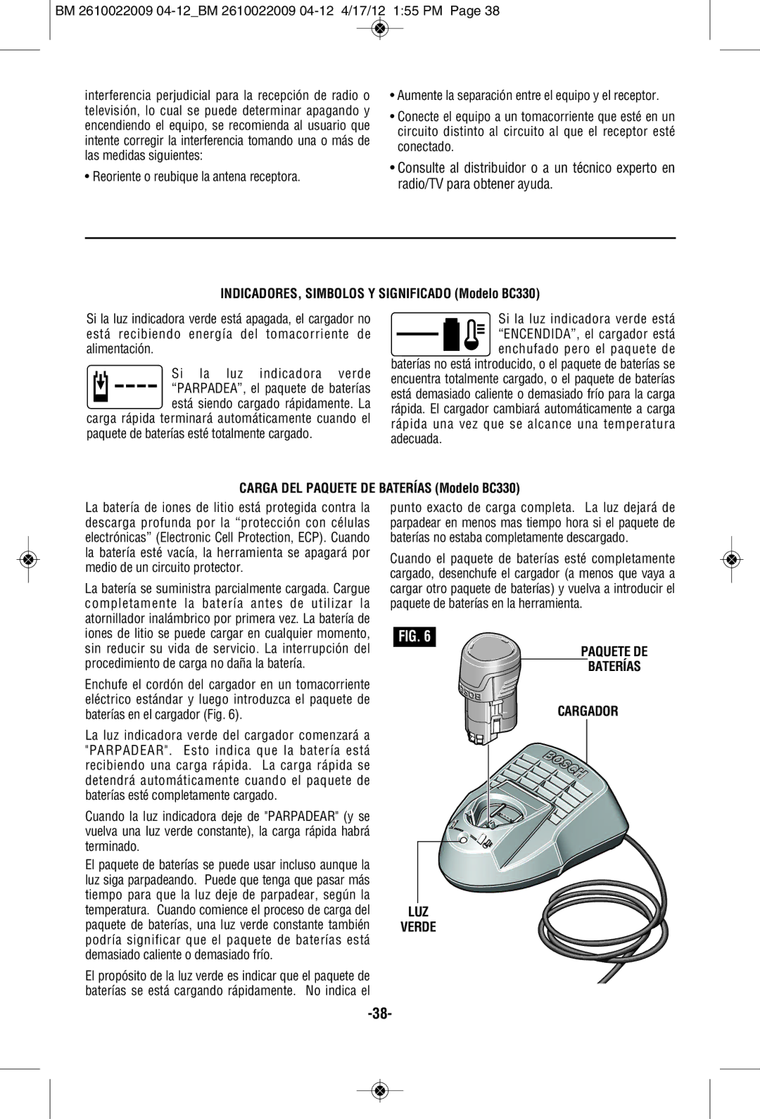 Bosch Power Tools PS41-2A INDICADORES, Simbolos Y Significado Modelo BC330, Carga DEL Paquete DE Baterías Modelo BC330 