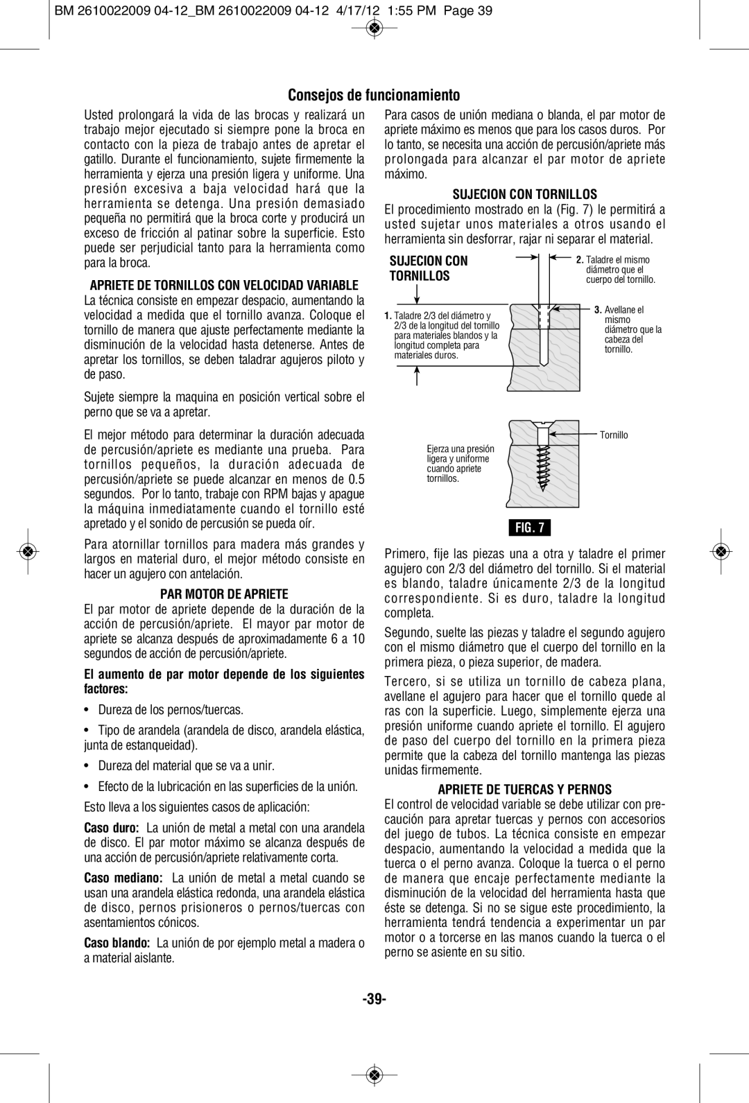 Bosch Power Tools PS41BN, CLPK27-120, CLPK28-120 Consejos de funcionamiento, Sujecion CON Tornillos, PAR Motor DE Apriete 