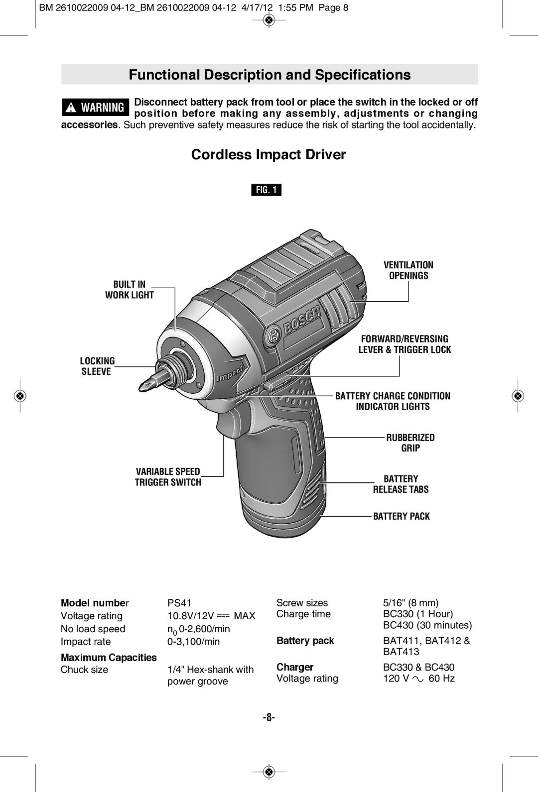 Bosch Power Tools PS41-2A Functional Description and Specifications, Cordless Impact Driver, Model number, Battery pack 