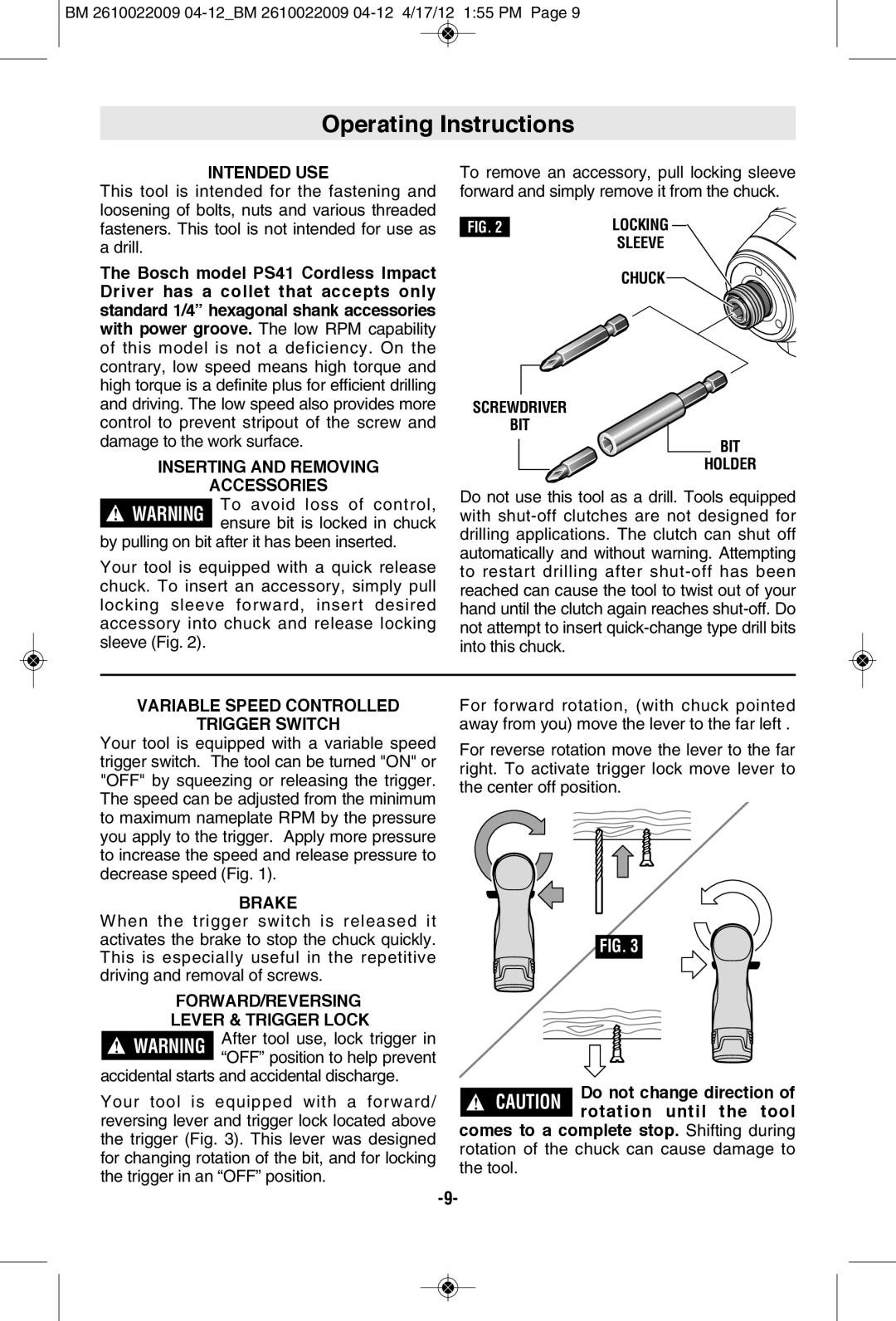 Bosch Power Tools PS41BN, CLPK27-120, CLPK28-120, PS41-2A manual Operating Instructions 