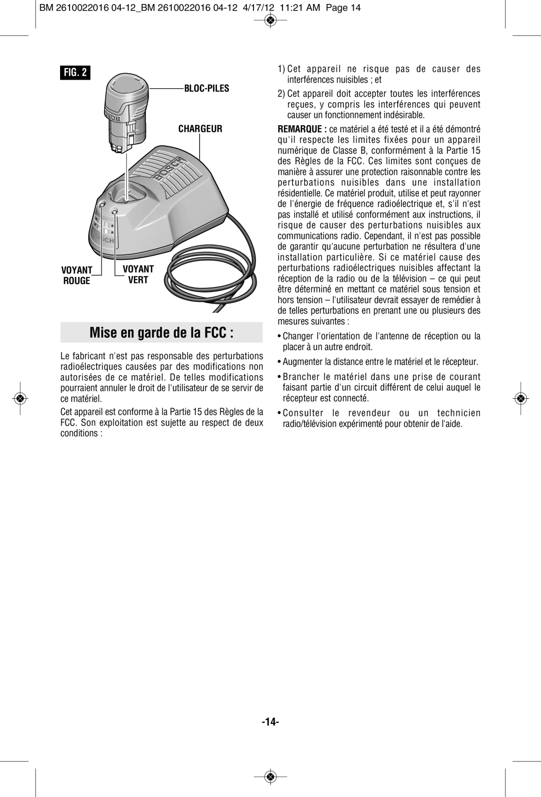 Bosch Power Tools CLPK31-120, CLPK33-120LP manual Mise en garde de la FCC, BLOC-PILES Chargeur, Vert 