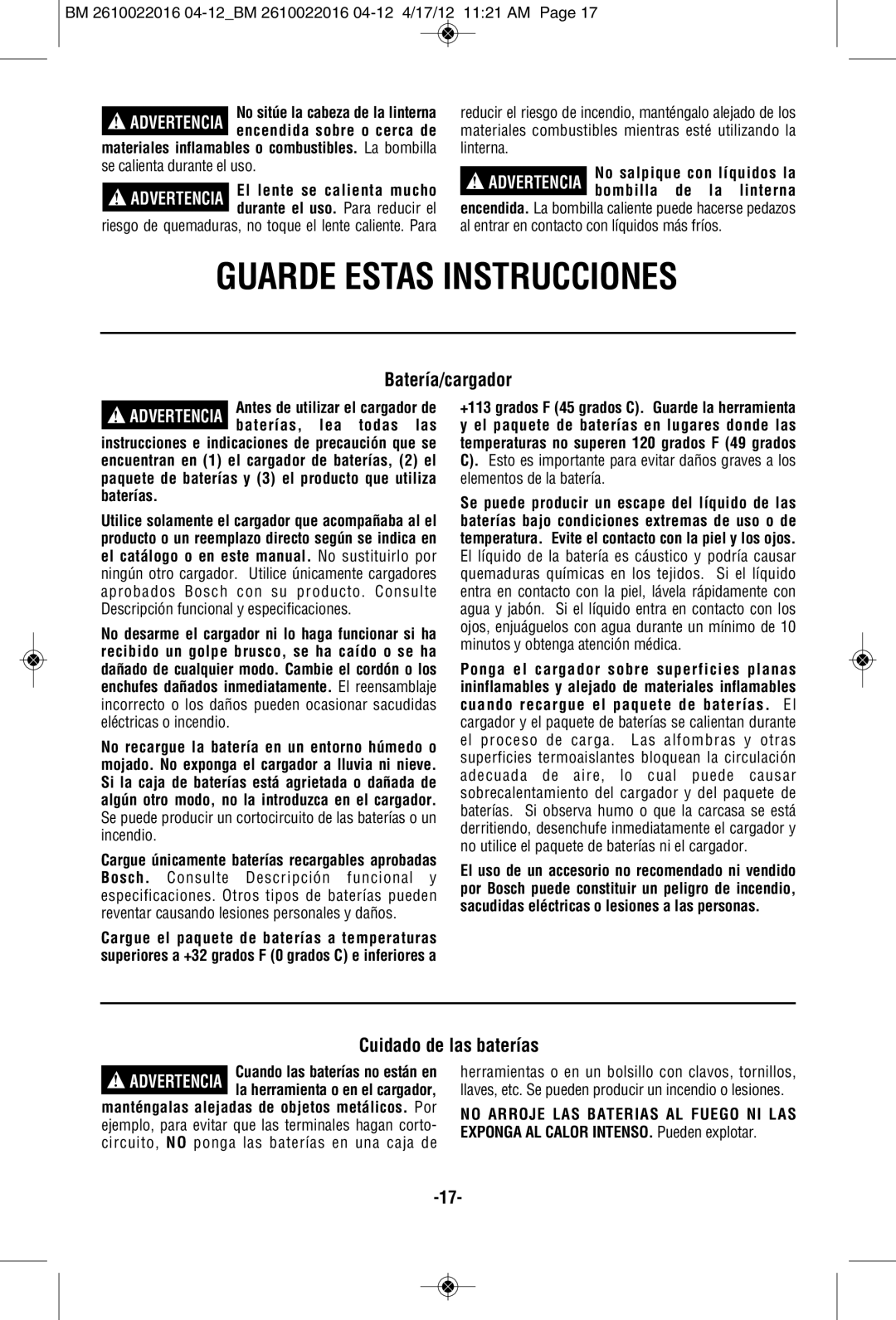 Bosch Power Tools CLPK31-120, CLPK33-120LP manual Guarde Estas Instrucciones, Batería/cargador, Cuidado de las baterías 