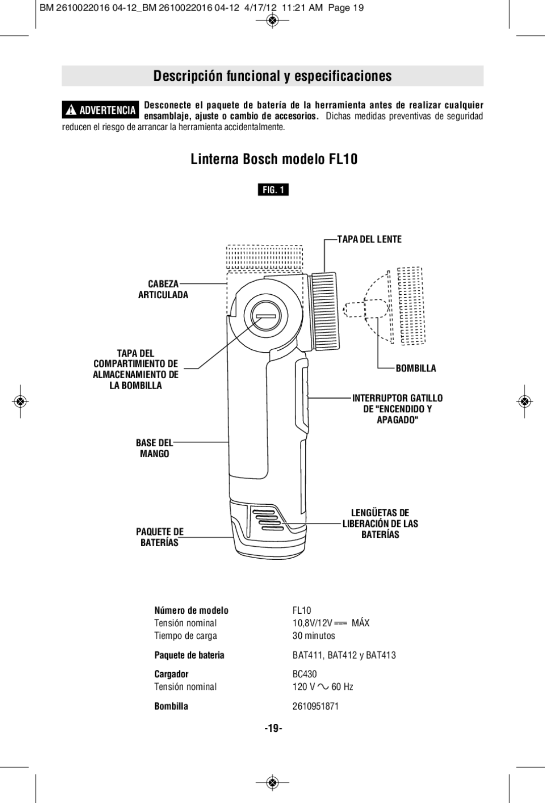 Bosch Power Tools CLPK33-120LP, CLPK31-120 manual Descripción funcional y especificaciones, Linterna Bosch modelo FL10 