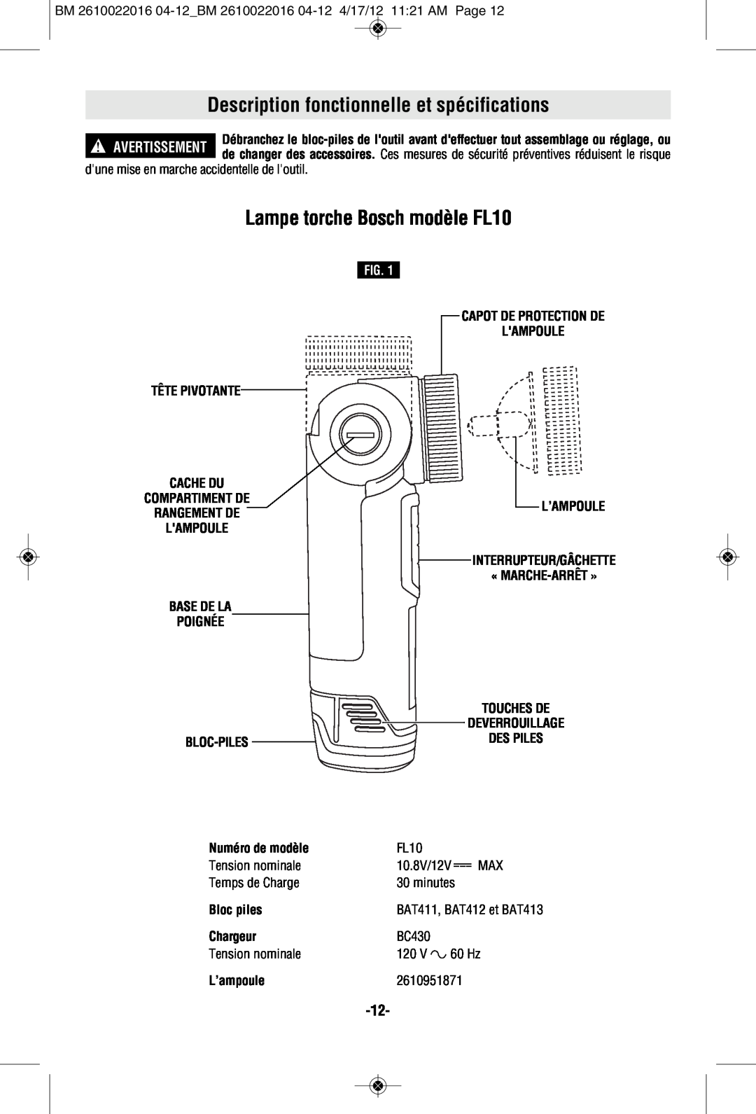 Bosch Power Tools CLPK33-120LP manual Description fonctionnelle et spécifications, Lampe torche Bosch modèle FL10, Fig 