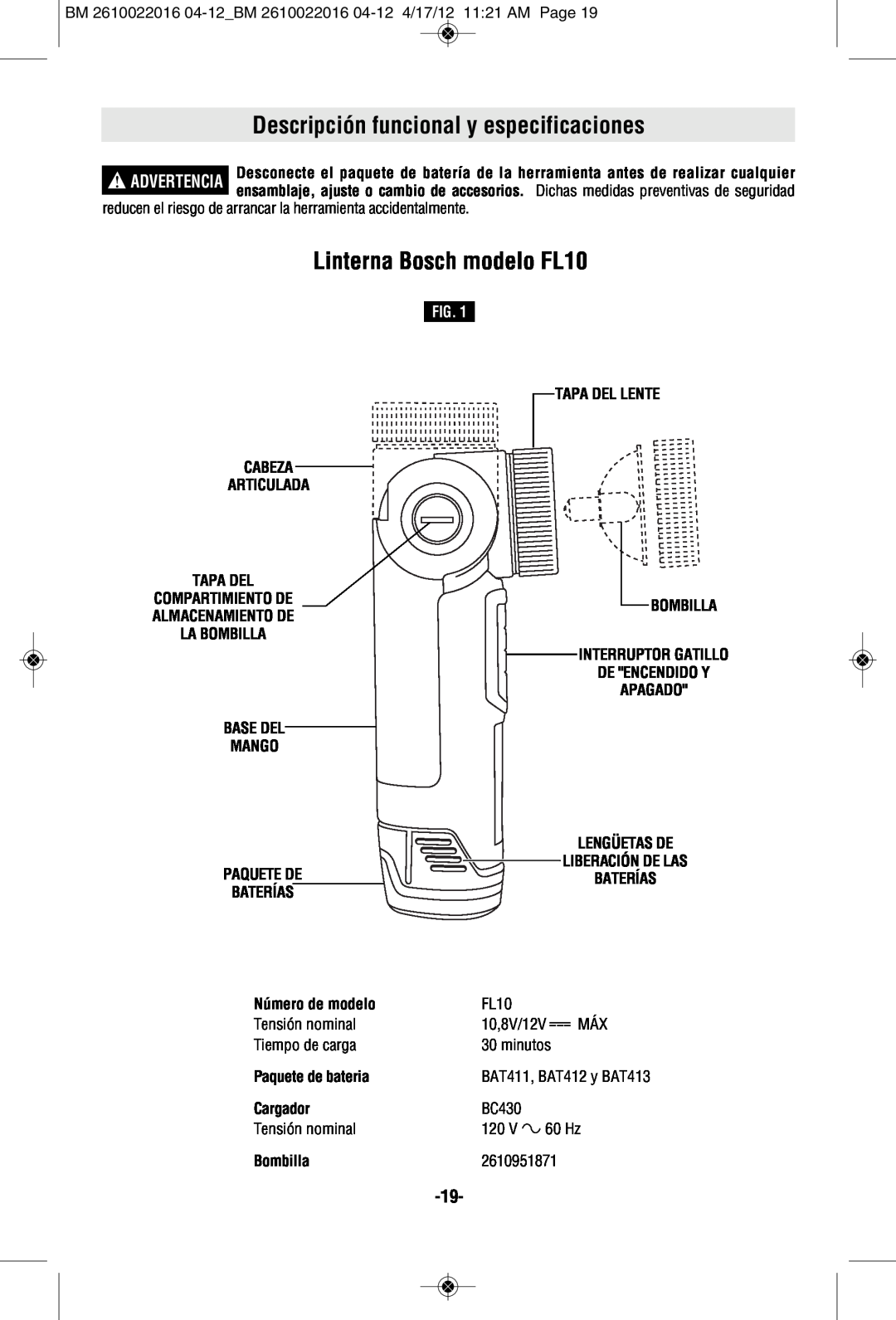 Bosch Power Tools CLPK33-120 Descripción funcional y especificaciones, Linterna Bosch modelo FL10, Fig, Número de modelo 