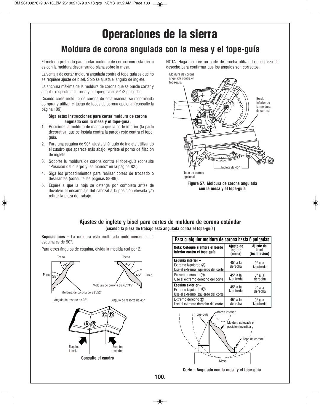 Bosch Power Tools CM10GD manual Moldura de corona angulada con la mesa y el tope-guía, 100, Consulte el cuadro 