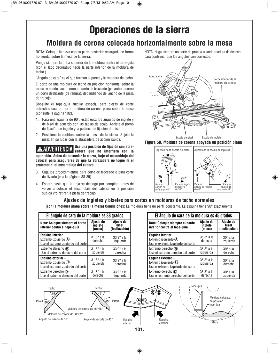 Bosch Power Tools CM10GD manual Moldura de corona colocada horizontalmente sobre la mesa, 101 