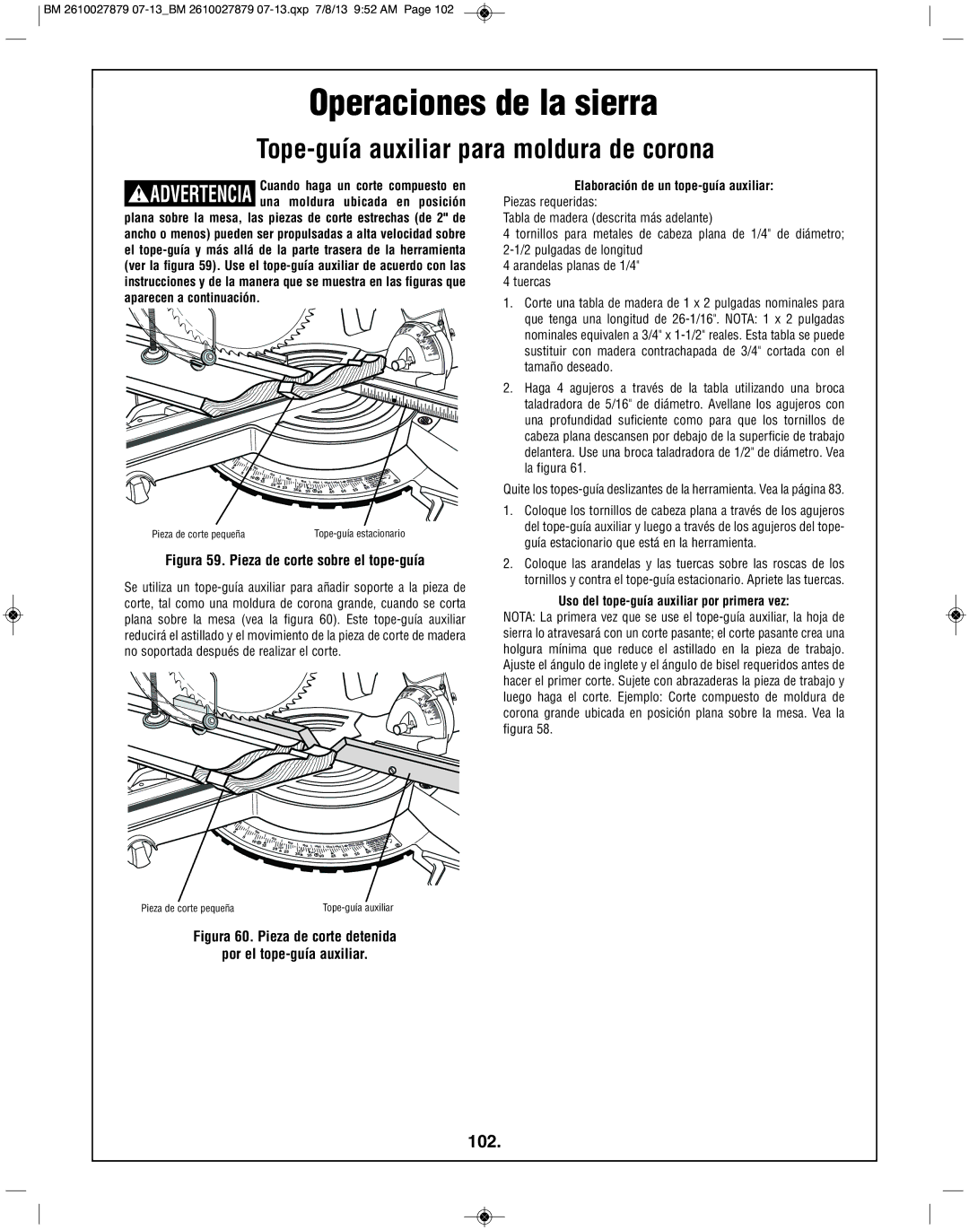 Bosch Power Tools CM10GD manual Tope-guía auxiliar para moldura de corona, 102, Uso del tope-guía auxiliar por primera vez 