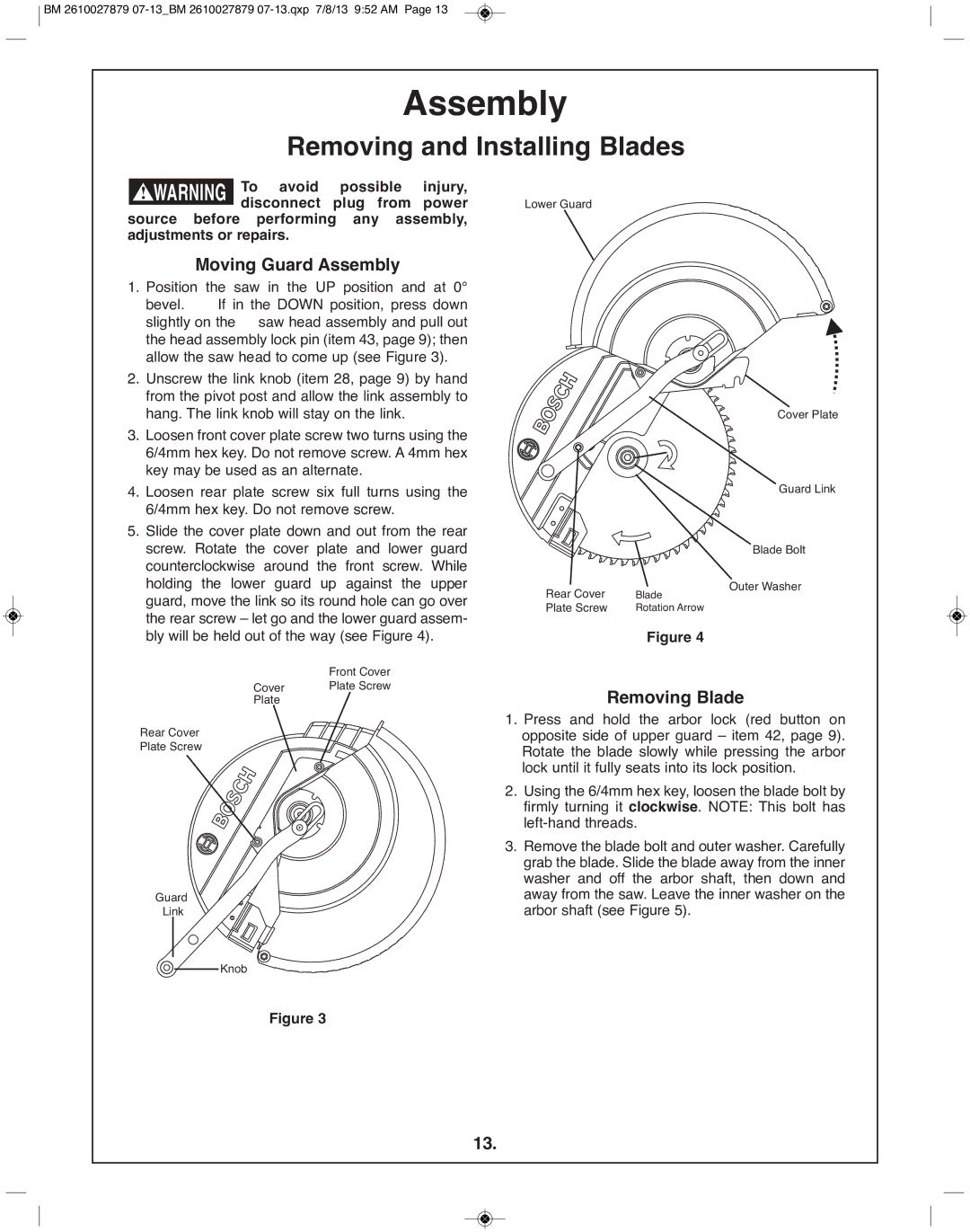 Bosch Power Tools CM10GD manual Removing and Installing Blades, Moving Guard Assembly, Removing Blade 