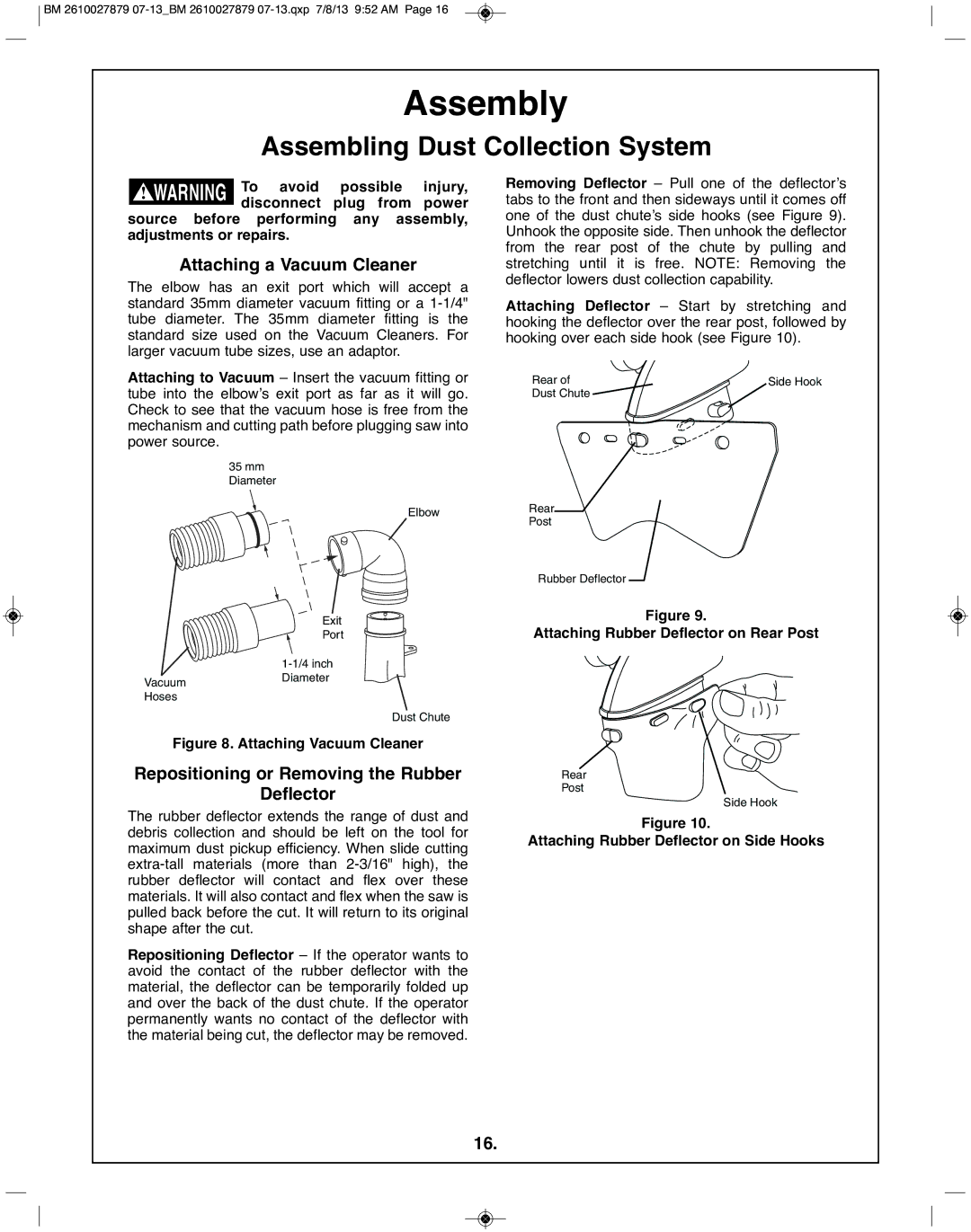 Bosch Power Tools CM10GD manual Attaching a Vacuum Cleaner, Repositioning or Removing the Rubber Deflector 