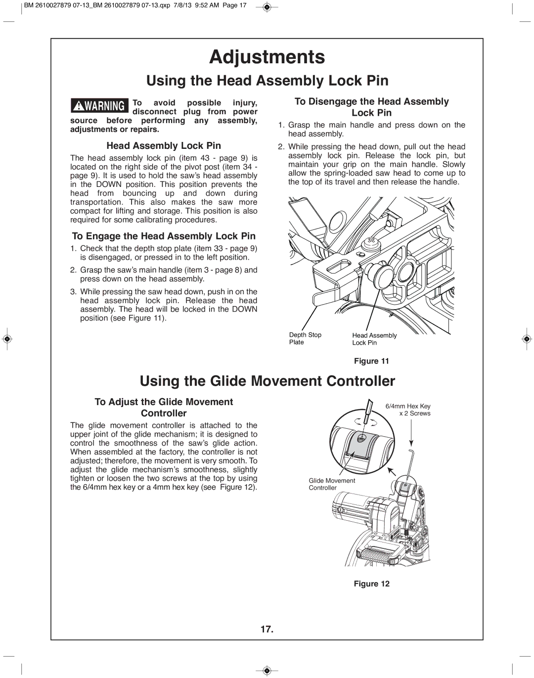 Bosch Power Tools CM10GD manual Adjustments, Using the Head Assembly lock pin, Using the Glide Movement Controller 