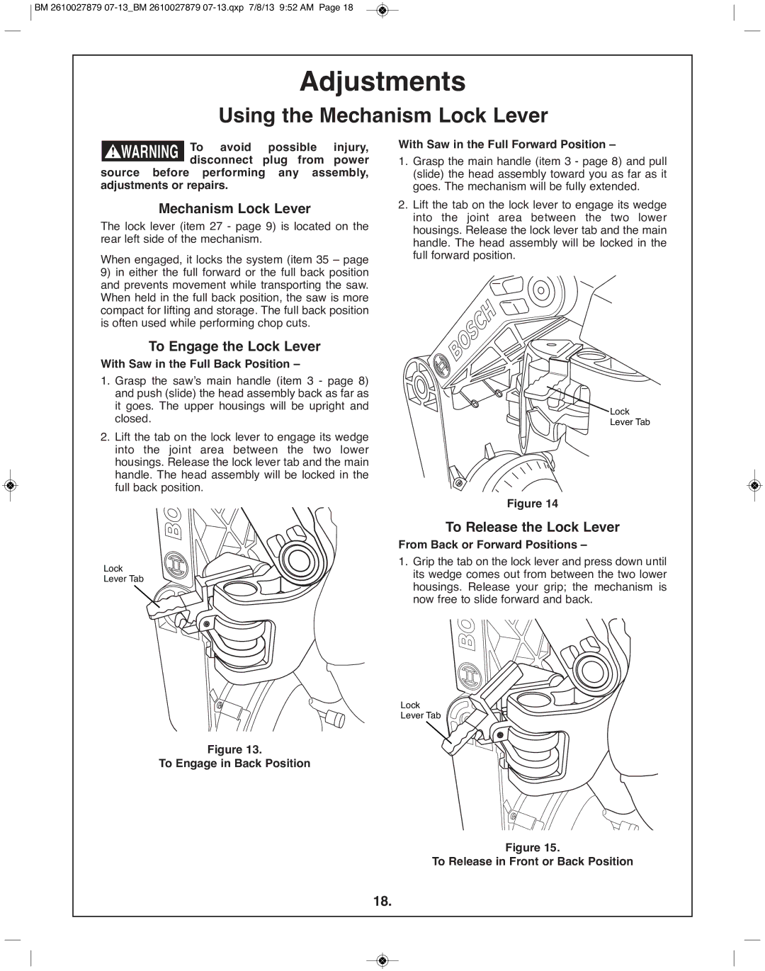 Bosch Power Tools CM10GD manual Using the Mechanism lock lever, To Engage the lock lever, To Release the lock lever 